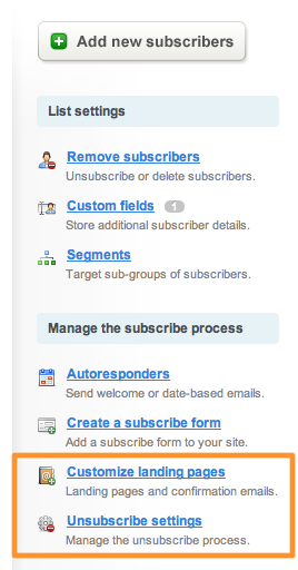 Screenshot of the list details page, showing the links to customize landing pages